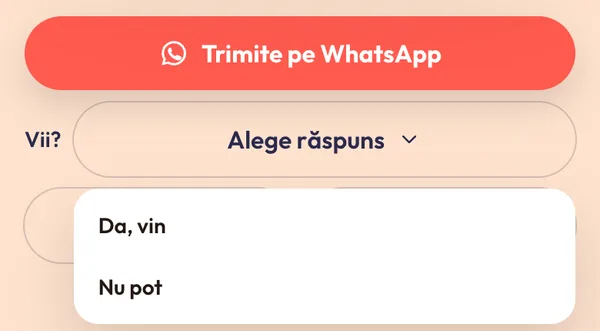 Pe lista primită, invitatul apasă „Vii?” și alege „Da, vin” sau „Nu pot”