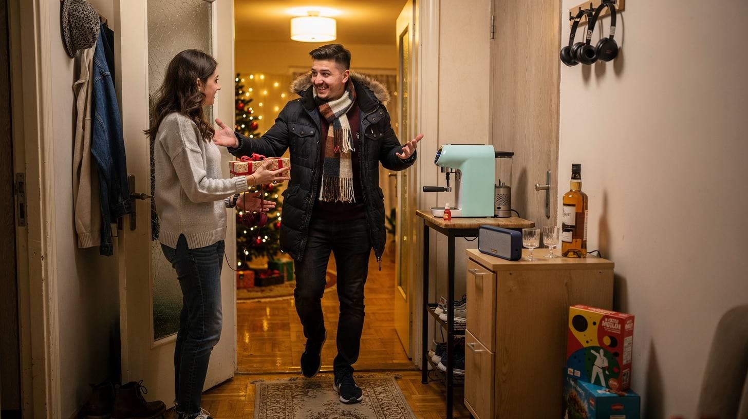 O femeie îi oferă un cadou de Crăciun iubitului ei într-un decor festiv cu brad împodobit.