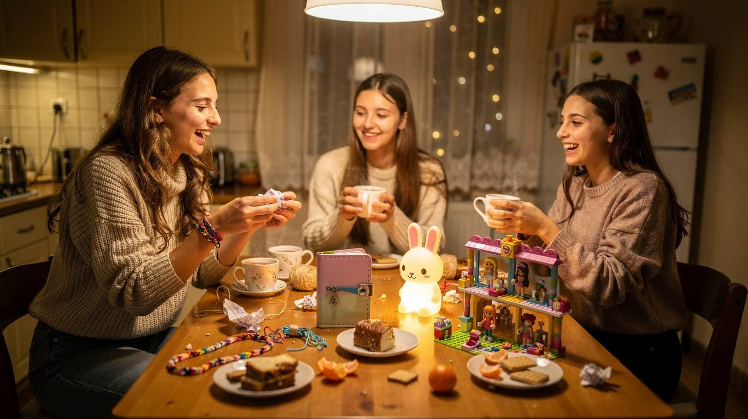 Trei fete râd la o masă cu cadouri de Secret Santa, ceai și dulciuri.
