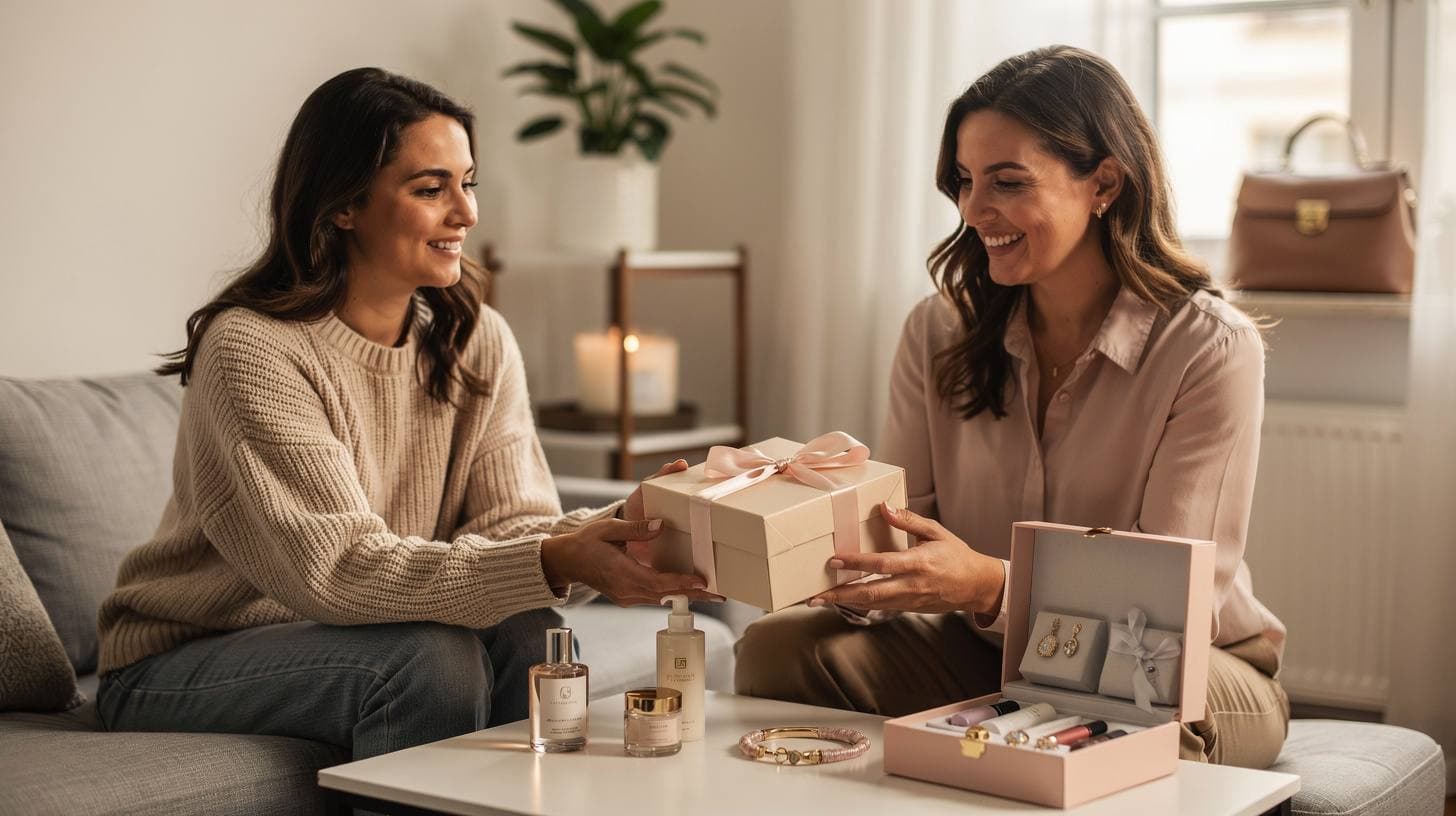 Două femei zâmbitoare oferă și primesc un set cadou elegant cu produse de frumusețe.